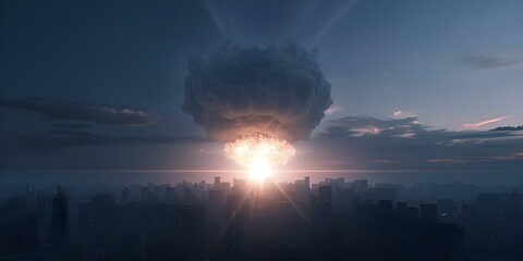 Obraz premium Mushroom Cloud Forms Over City After Nuclear Bomb Detonation. Concept Breaking News, Nuclear Threat, Catastrophic Damage, Global Impact, Emergency Response