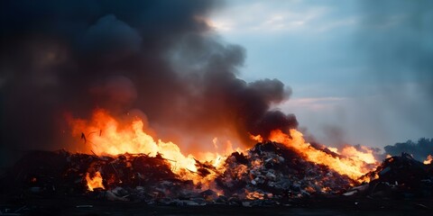 Burning landfill waste emitting smoke and pollutants into the air. Concept Landfill Pollution, Air Quality, Waste Management