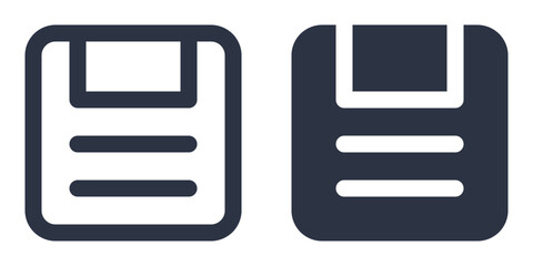 Set of Save or Save As icons depicting a floppy disk in filled, outline, line and stroke style