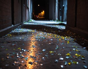 Crime scene in a night alley, broken glass and scattered evidence. urban danger, harm, accident concept.
