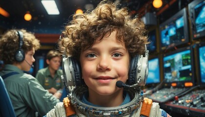 A young boy in a space suit is smiling and talking to mission control, with a background of other astronauts and monitors.