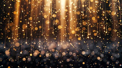 Shiny glitter rain draping down on black background, sparkling particles celebration background, for party, poster, greeting card, Christmas and award event.