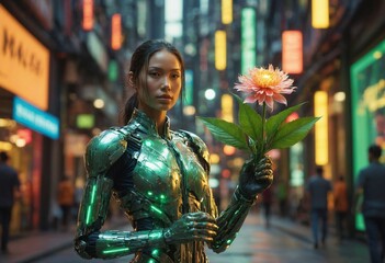 A futuristic, green-clad female human-cyborg hybrid holds a glowing flower in a bustling, neon-lit city street.