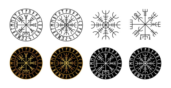 Ancient runic symbols. Viking Compass or Compass Vegvisir and  Helm of Awe or Helm of Terror in different design variation.