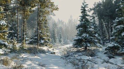 The morning sunlight filters through a forest of snow-covered trees. The play of light and shadow creates a captivating winter scene.