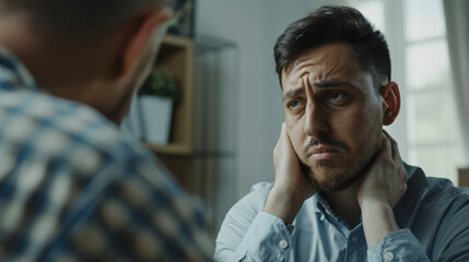 Obraz premium Depressive look of man. Upset patient man at a psychologist's appointment