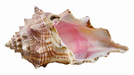 Large conch seashell with a beautiful pink interior elegantly displayed on a clean white background. Highlighting its intricate spiral pattern and texture in a stunning close-up shot