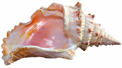 Beautiful conch seashell with intricate spiral pattern and delicate pink hue on clean white background, evoking sea and beach imagery