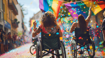 Obraz premium back view of happy disabled people in wheelchairs celebrating Pride Month, inclusivity life without boundaries