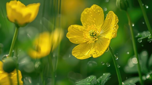 Yellow wildflower close up on green backdrop