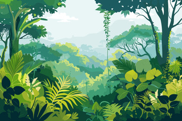 Deep green forest landscape with lush pants, grass and trees