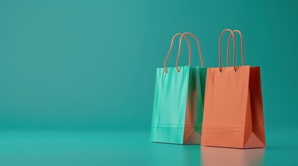 Paper Bags Isolated on Uranian Blue Background, 3D Rendering Style