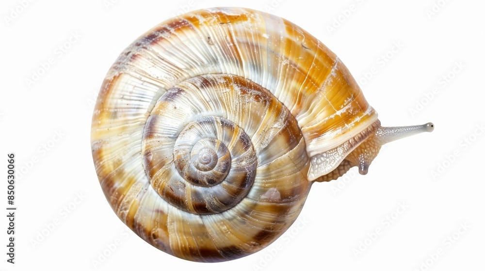Poster slow-moving snail displays intricate shell on white background, perfect for nature lovers. this clos