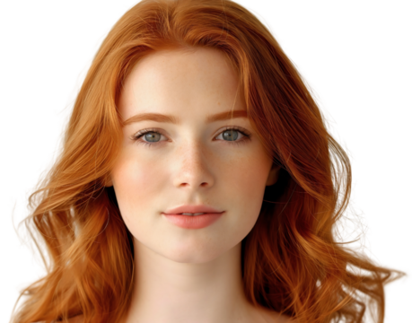 Closeup portrait of happy smiling beautiful young female model, woman with long wavy red hair, looking at the camera, isolated on transparent background. Ginger freckles