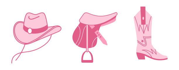 Cowgirl Pink core fashion elements set. Cowgirl hat, saddle, cowboy boots. Cowboy western and wild west theme bundle. Hand drawn vector illustration.