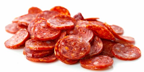 Obraz premium Savory Slices: Smoked Italian Sausage, Protein-Rich Delights on a White Background, HD Wallpaper Background, AI-generated