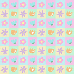 Pastel checkerboard seamless pattern with flowers