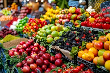 Dynamic street market with diverse vendors offering exotic fruits and spices in warm lighting