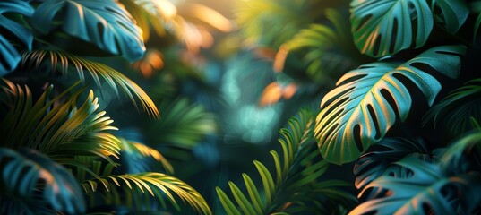 Tropical Leaves Illuminated with Blue and Green