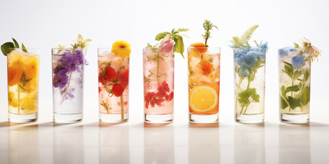 Summertime, vacation. Summer drinks cocktails. Glasses of cocktails on bar background. Bar, kafe, shots. Party time. Celebrating.