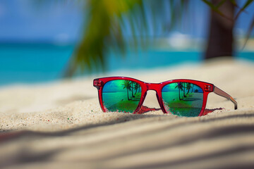 Sunglasses on the beach sand with palm trees and sea or ocean background close up. Tropical and exotic summer holiday or vacation concept image. Sunglasses on the sand at caribbean or maldive island