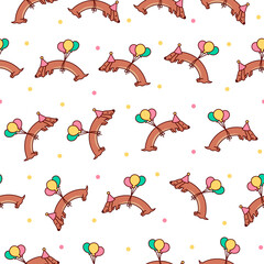 Naklejka premium Cute cartoon long dachshund dog. Seamless pattern. Puppy wagging tail. Funny pet character. Hand drawn style. Vector drawing. Design ornaments.