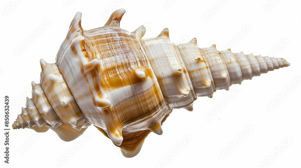 Poster beautiful spiral structure of an empty seashell with brown and white colors, isolated on a white bac