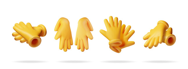 3d set of yellow rubber gloves isolated on white. Render collection of latex gloves icon. Hygiene, cleaning, wash, housekeeping work. Work and protective equipment. Vector illustration