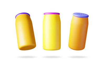 3D set of detergent powder bottle isolated on white. Render collection of home cleaning product container in powder icon. House cleaning equipment. Household accessories. Realistic vector illustration