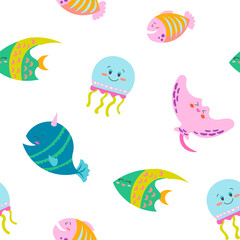 Cartoon aquatic animals. Seamless pattern. Fish characters underwater world. Marine life. Vector drawing. Design ornaments.