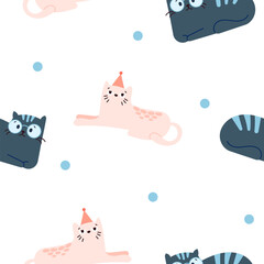 Cute funny cat. Seamless pattern. Kitten character cartoon. Vector drawing. Design ornaments.