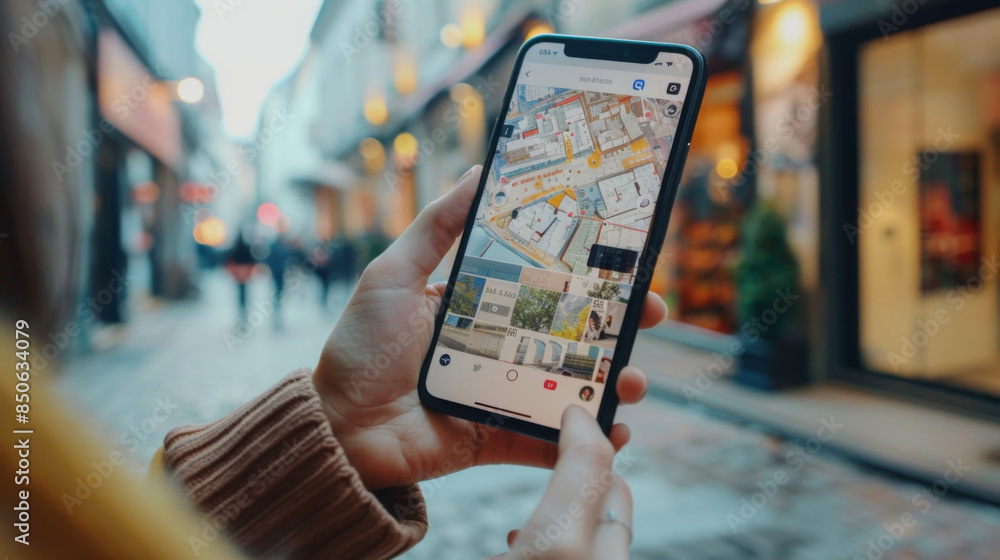 Poster person using smartphone map application for navigation in busy city street, emphasizing modern trave