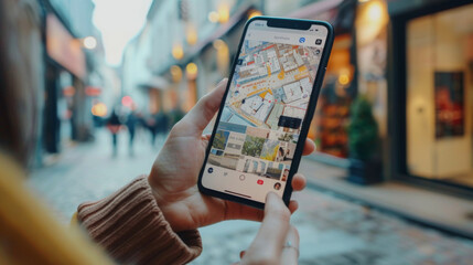Person using smartphone map application for navigation in busy city street, emphasizing modern travel and technology.