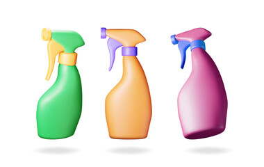 3d set of bottle with liquid detergent isolated. Render collection of spray bottle with cleaner. Dishwashing. Plastic bottle with dispenser for cleaning. House cleaning equipment. Vector illustration