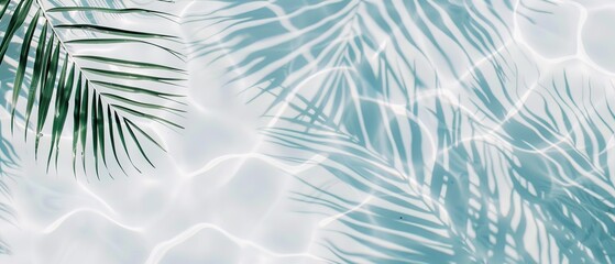 Elegant minimalist background concept featuring close-up water surface with gentle ripples and subtle blurred palm leaf shadows on the beach, evoking a peaceful, natural and pure atmosphere.
