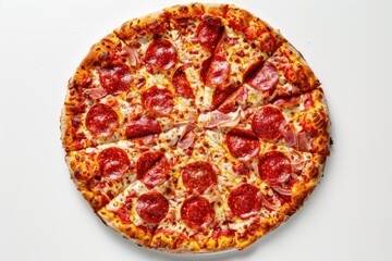 Delicious Pepperoni Pizza with Mushrooms, Basil, and Tomatoes on White Background