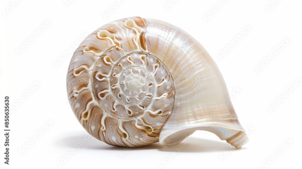 Poster seashell is laying on its side showing a spiral pattern with a white background