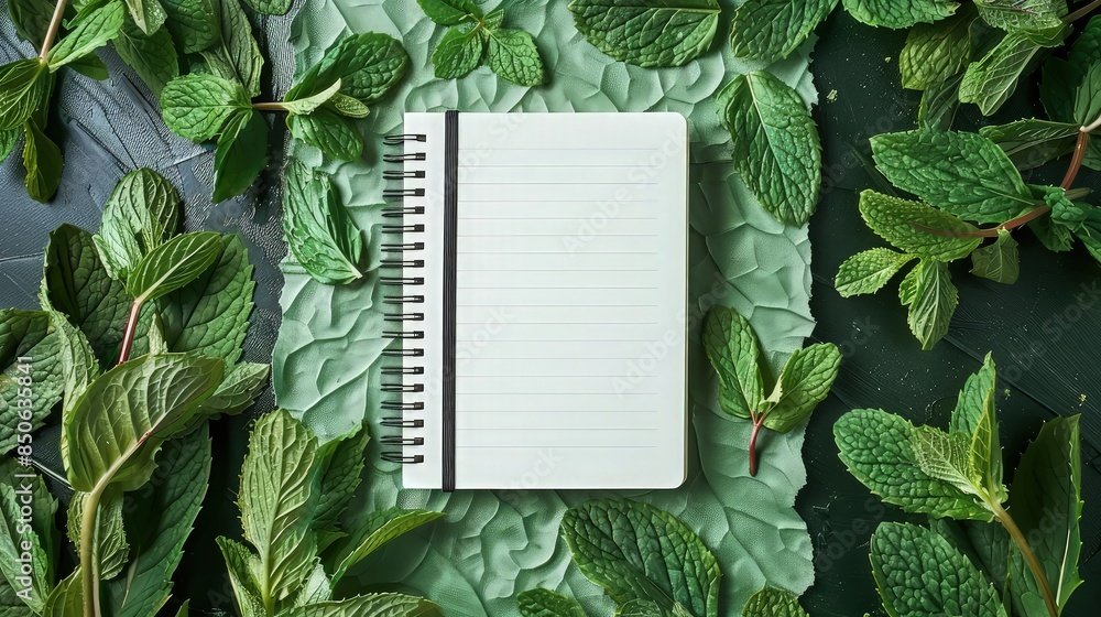 Wall mural a notebook mockup surrounded by fresh mint leaves on a matching green textured paper, creating a ref