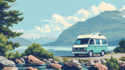 campervan at lake flat design front view nature journey 3D render Complementary Color Scheme