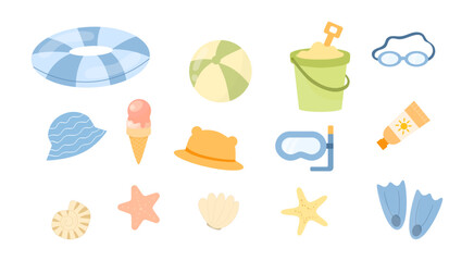 Summer kids beach set. Diving mask, diving fins, snorkel and water goggles. Sun hat, swim ring, sand bucket, ice cream, shells. Flat vector illustration. 