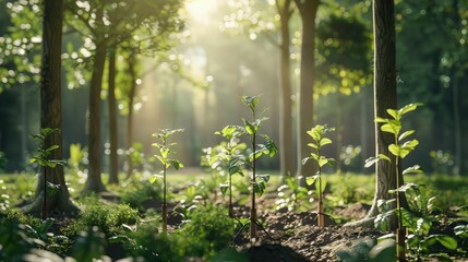 Fototapeta premium Bright sunbeams stream through the canopy illuminating young saplings growing on the forest floor, ideal for environmental themes.