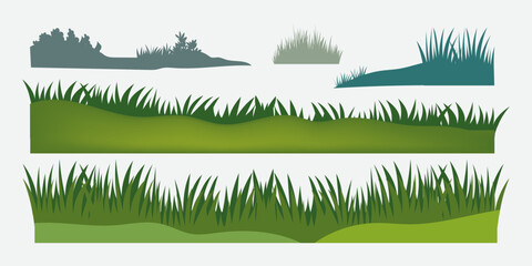Green grass, tress, branch flat design set vector illustration.  Isolated on white background.