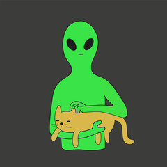 Green aliens illustration with inscriptions. Vector flat humanoid. Creature of the open space. Alien with a cat in his hands. Alien shows the peace sign