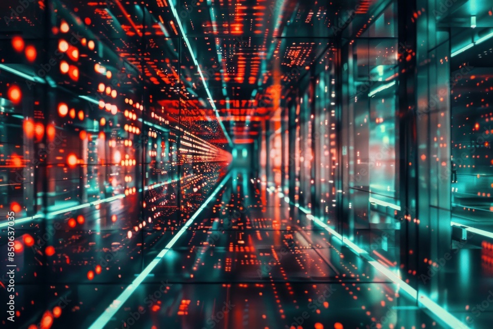Poster abstract image depicting a corridor with illuminated red data servers representing highspeed digital