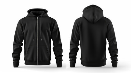 Black men's hoodie with zipper is shown from the front and back on a white background. It is a blank template.