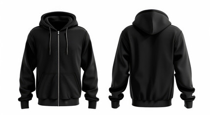 Black men's hoodie with zipper is shown from the front and back on a white background. It is a blank template.