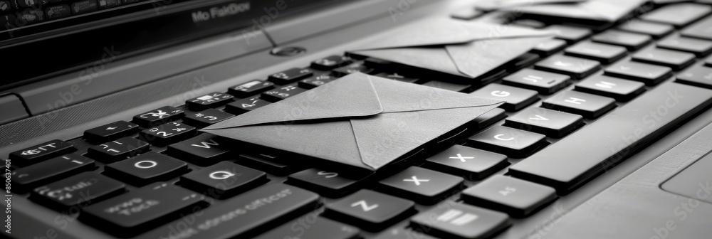 Poster elegant envelope on laptop keyboard with a trail of smaller envelopes for a sophisticated aesthetic