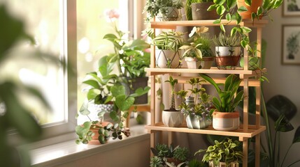 A plant stand with a variety of plants on it. The plants are arranged in different levels, with some on the top and others on the bottom. The stand is placed near a window