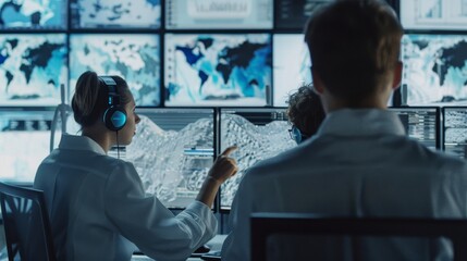 In a sleek modern laboratory a team of scientists combines data from satellite images ground surveys and climate models to create a complex 3D visualization of changing landscapes.