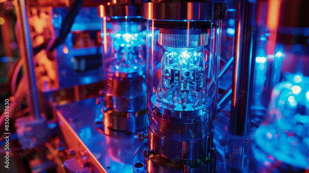 Poster the smooth whirring sound of a quantum computers cooling system is accompanied by glowing blue and p